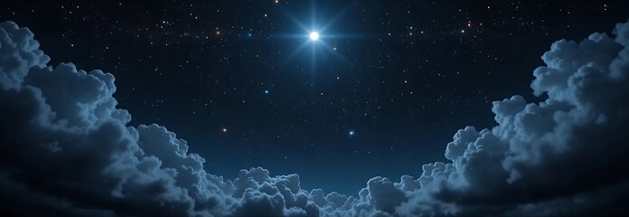 A star is shining brightly in the night sky, surrounded by clouds