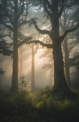 A mystical forest with sunlight piercing through fog