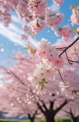 Cherry blossom trees in full bloom with petals falling