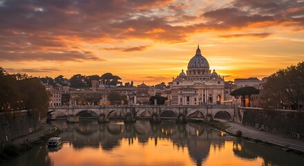 Fototapeta premium Sunset in Rome: A Serene view of Saint Peter's Basilica and the Tiber River