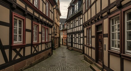 Fototapeta premium Quaint passageway with traditional german architecture and cobbled pavement