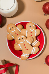 Festive holiday gingerbread cookies with milk for Christmas celebration. Happy New Year