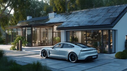 Sleek Silver Car Parked Outside Modern House with Solar Panels and Lush Greenery