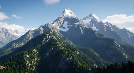 Scenic mountain landscape with snow-covered peaks and green forest.