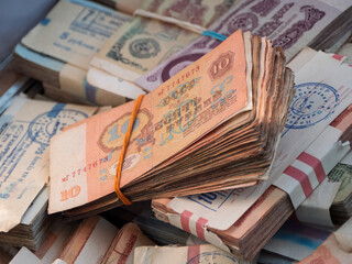Vintage Soviet Currency Displayed at Flea Market