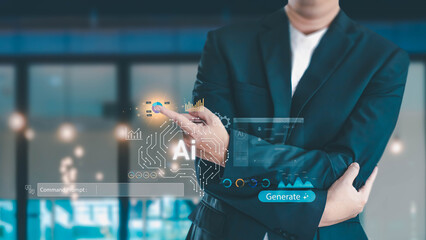 A businessman in a suit interacts with a futuristic AI interface. He points at a glowing chart on a holographic display featuring a digital brain, data analysis, and a command prompt for generation.