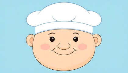 A cheerful chef's face, outlined in soft colors, beams against a light blue backdrop.