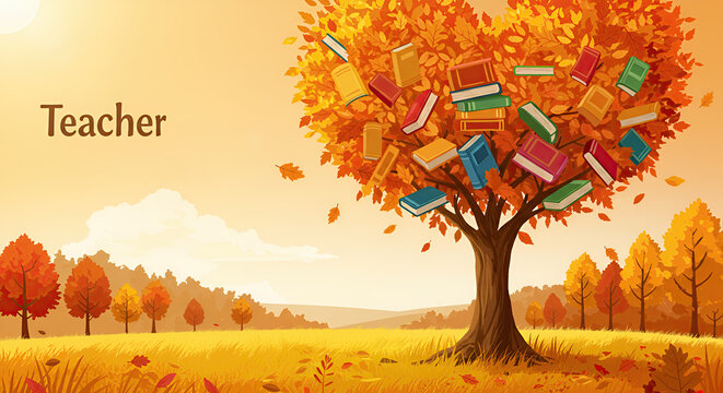 Conceptual illustration of a heart-shaped autumn tree filled with books, symbolizing the growth of knowledge, wisdom, and the love of learning from a teacher