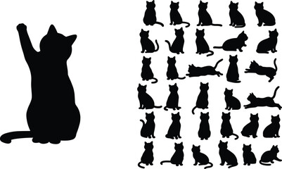 Black cat silhouette set featuring large paw‑raised pose and thirty unique positions, vector illustration for pet, animal, wildlife, and behavior themes