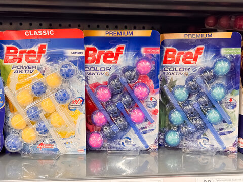 Bref Toilet Bowl Cleaners Classic and Premium Variants with Lemon Flower Eucalyptus Scents on Store Shelf, Dnipro, Ukraine - June 21, 2025
