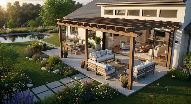 Modern Outdoor Living Space with Pergola and Pond.
