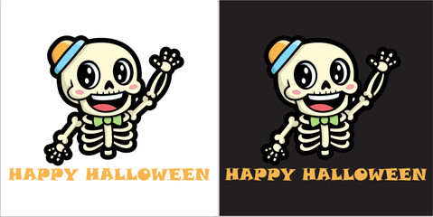 Skeleton funny maskot Hallowen. Skeleton vector color illustration halloween character. happy skeleton mage for prints for clothes or design.