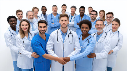 Diverse medical team stands together, showcasing unity and professionalism in healthcare. Their expressions convey dedication and compassion