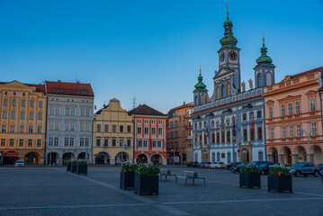 Fototapeta premium Sunrise view of the main square in Ceske Budejovice, Czech repub
