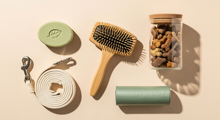 Minimal Pet Care Flat Lay with Plant-Based Shampoo, Treat Jar and Eco Accessories.