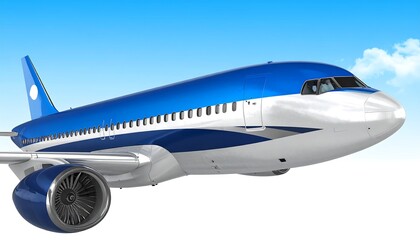 Fototapeta premium A modern jet airliner soars through a clear, cloud-filled sky, showcasing its vibrant blue and white paint job and powerful jet engines.