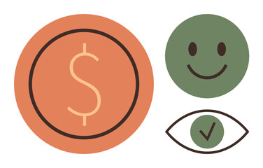Dollar sign in orange circle, green happy face, and eye with checkmark evoke wealth, happiness, and trust. Ideal for finance, wellbeing, trust, transparency validation motivation simple flat