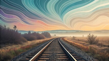 Fototapeta premium Railroad tracks curving into the distance under a stylized sky at sunset or sunrise
