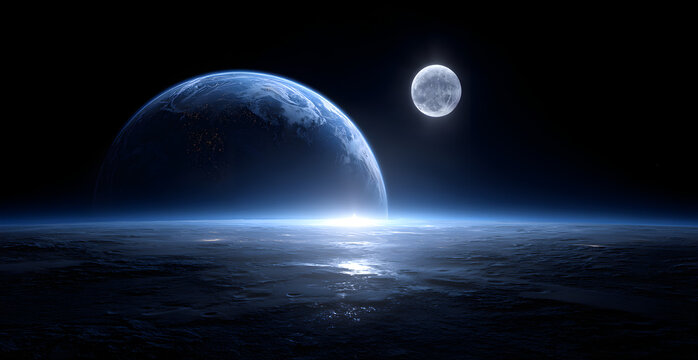 Blue planet glows with sunrise lighting, moon rises, space texture. Ideal background for presentation, wallpaper, branding.