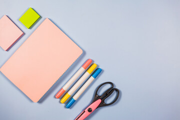 Back to school concept, flat lay of vibrant school or office colorful supplies, school stationery on pink background. flat lay, top view