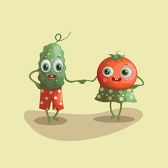Cartoon cucumber and tomato chracters, harvest time
