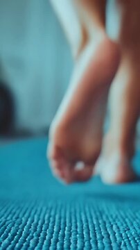 Close-up of feet on textured blue mat, soft focus