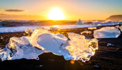 Sparkling glacial ice fragments gleam on a black sand beach at sunrise, bathed in golden light.