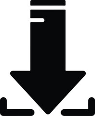 Flat design icon of a black download button with arrow against white background.
