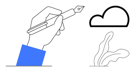Hand holding a fountain pen creating, with a cloud and abstract leaves nearby. Ideal for creativity, design thinking, artistic process, brainstorming, imagination, innovation, simple flat metaphor