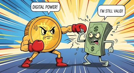 A comic illustration depicting a battle between a bitcoin and dollar bill, symbolizing digital power versus traditional currency. Bitcoin throws a punch at dollar bill
