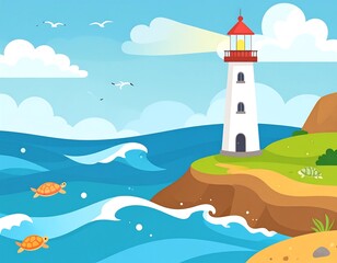 Lighthouse overlooking ocean waves with turtles