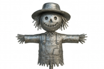 Metallic scarecrow standing in overalls, wearing straw hat, 3d-rendered against transparent backdrop, highlighting rustic harvest and halloween themes