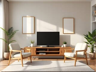 Modern Living Room Interior Design with Television and Armchairs