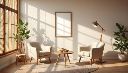 Modern Living Room Interior Design: Beige Armchairs, Wooden Coffee Table, Plants, and Sunlight