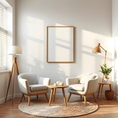 Bright Living Room Interior Design: Two Armchairs, Mockup Frame, and Natural Light