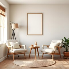 Neutral Living Room with Blank Frame and Armchairs