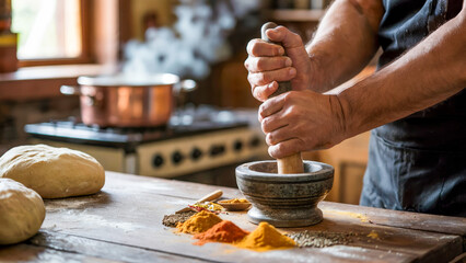 Close up of a chef grinding spices with a mortar and pestle in a rustic kitchen setting