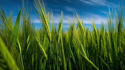 Fototapeta premium Green crops against a vibrant blue sky in a rural landscape