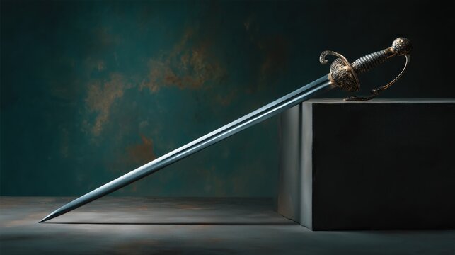 Elegant rapier sword with intricate hilt detailing on a moody teal studio background


