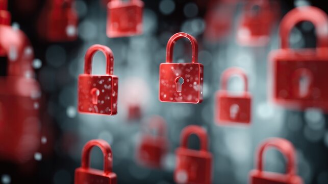 Multiple padlocks floating in a digital space represent security.