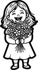 little girl in a black dress and flowers in her hands
