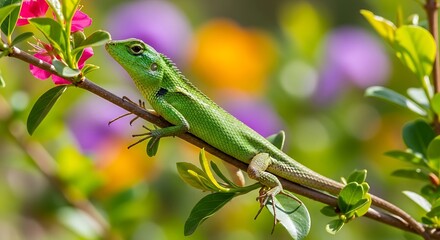 Fototapeta premium Vibrant Green Anole Lizard on a Flowering Branch.