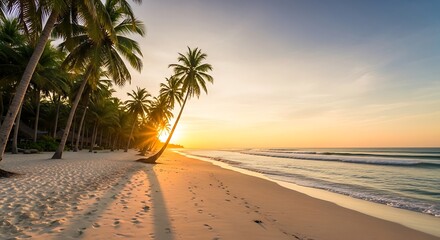 Fototapeta premium Tropical beach sunset with palm trees and ocean waves.