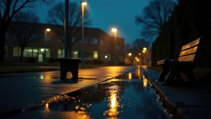 Naklejka premium Night Rain Schoolyard with Lamp Reflections in Puddles and Lonely Bench