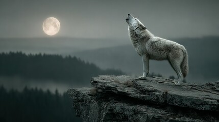 Wolf howls at the moon on a rocky cliff overlooking a forest.