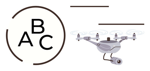 A high-tech Quadcopter equipped with a mounted camera flying alongside letters in a circular design. Ideal for technology, innovation, surveillance, communication, branding, design concepts, simple