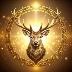 Majestic deer head, golden frame, glowing aura