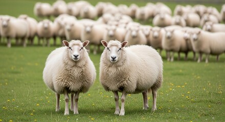 Obraz premium Two fluffy sheep in a green pasture.