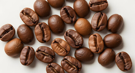 Close-up of roasted coffee beans scattered on light cream background, clean and realistic.