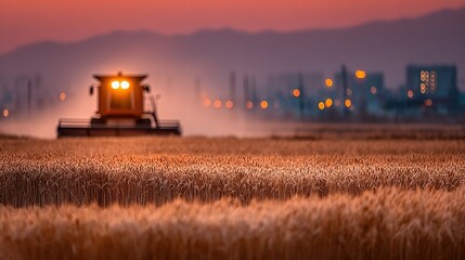 Fototapeta premium Combine harvester working in a field at dusk with buildings in the background.